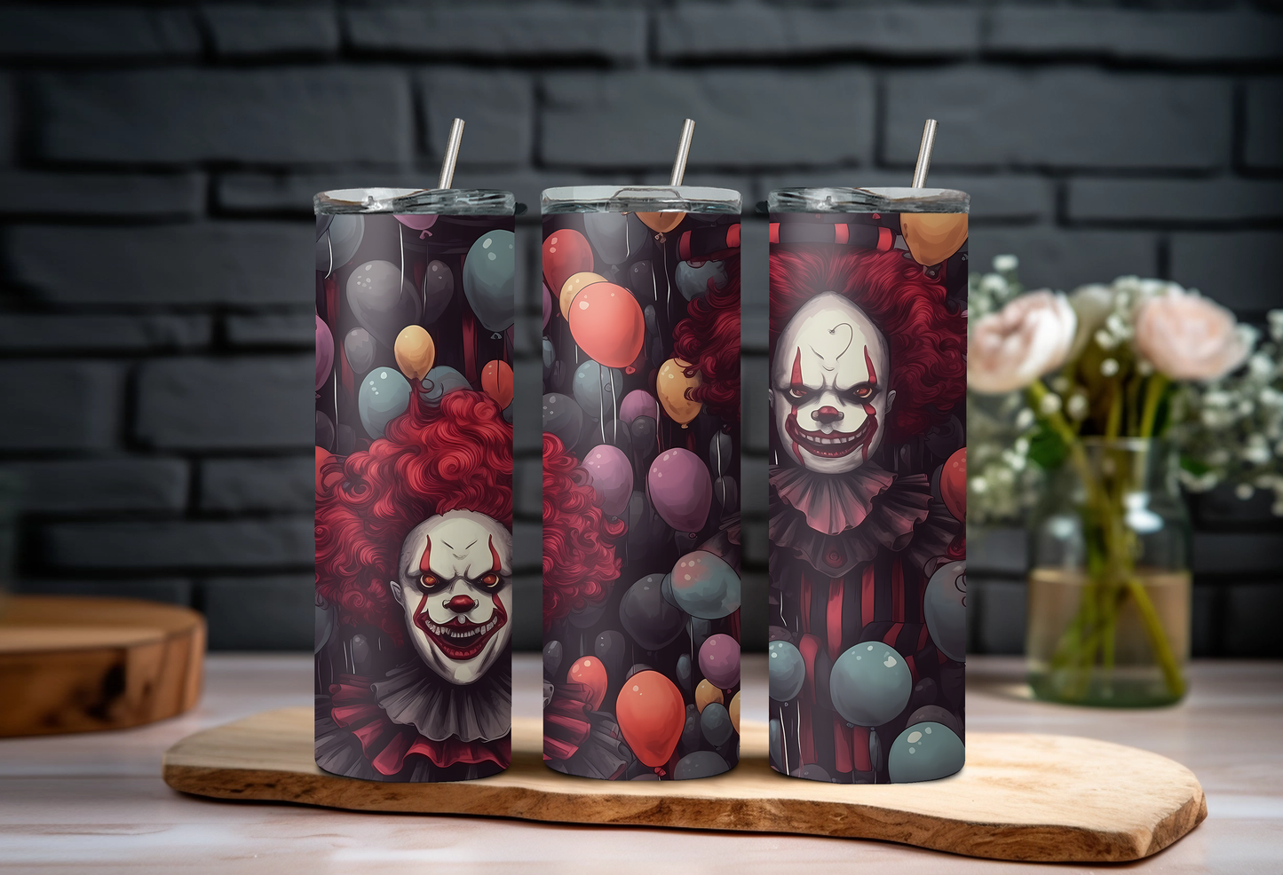 Three tumblers with clown-themed designs on a wooden board against a dark brick wall.