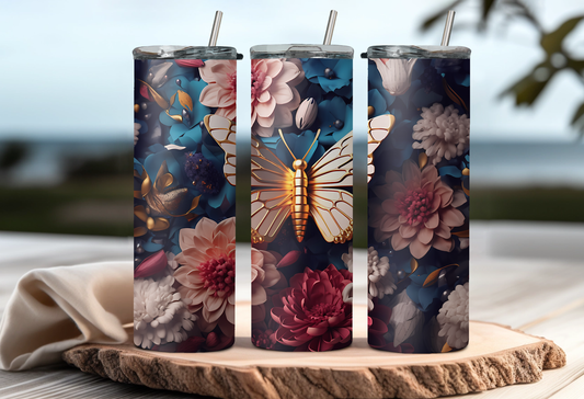 A group of tumblers with a 3D gold butterfly on a blue and pink flowered background
