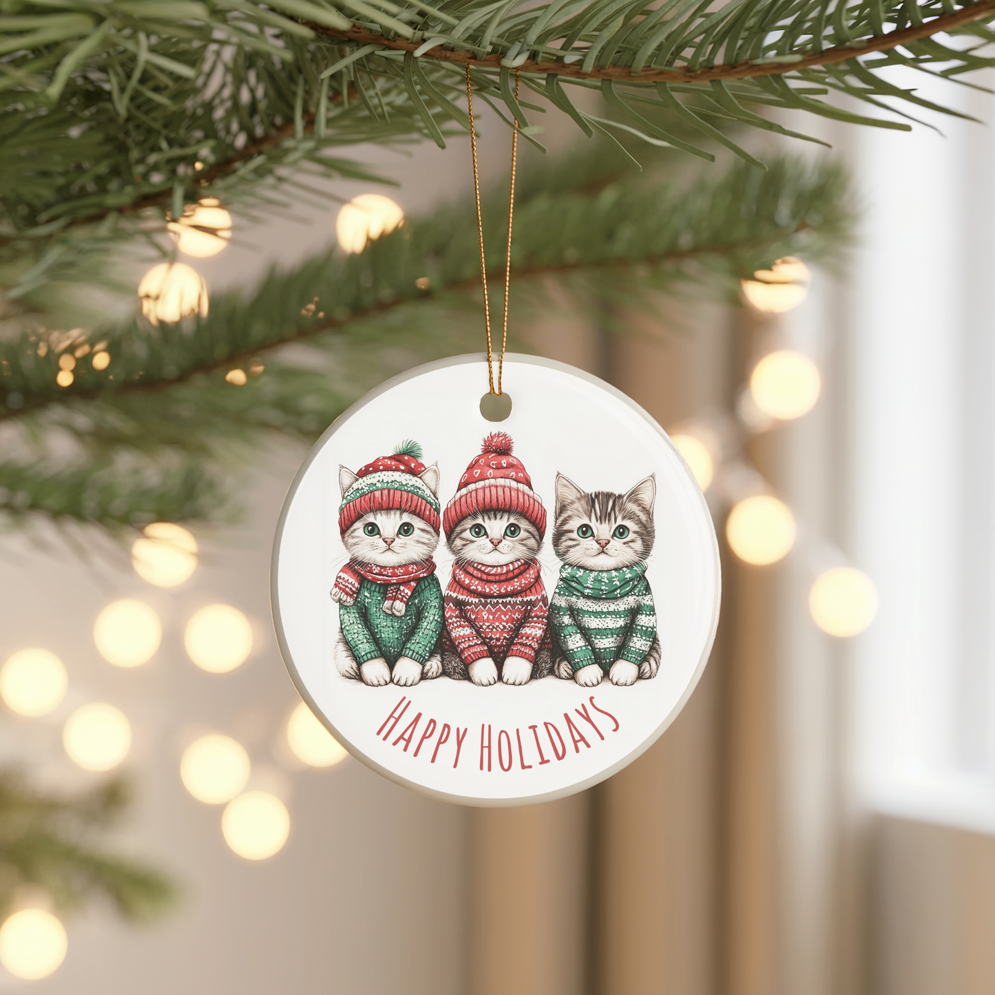Happy Holidays Kittens Ceramic Ornament