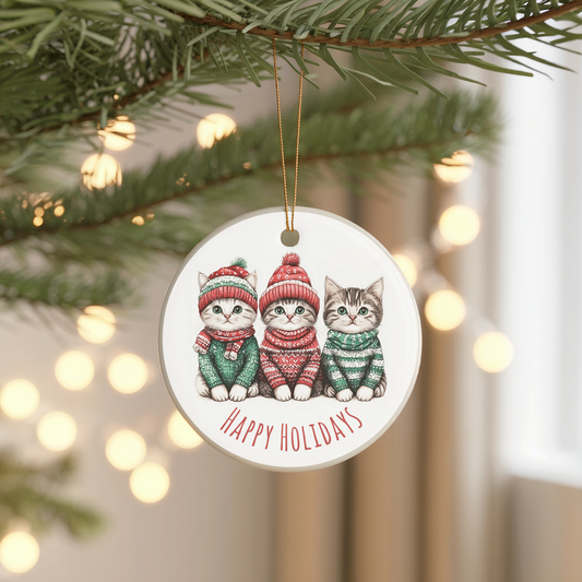 Happy Holidays Kittens Ceramic Ornament